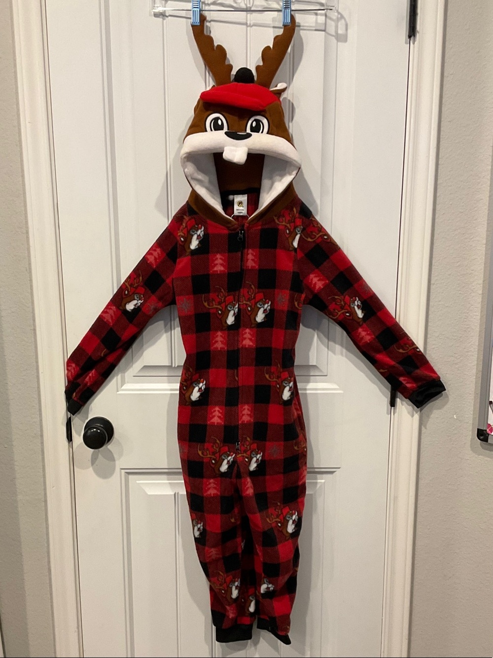 Buc-ee’s Kids Red Black Buffalo Plaid Beaver Onesie Hooded Pajamas.